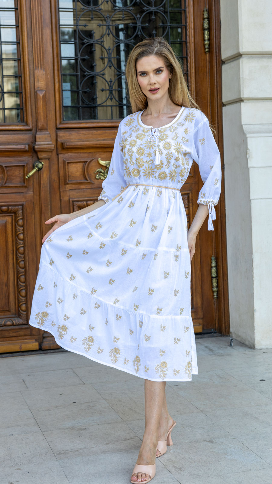 Marlene alba br crem4 Rochia Marlene albă broderie crem - imagine 4