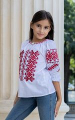 Ie albă pentru fete cu broderie tradițională roșie Adela