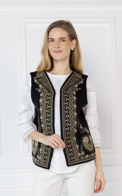 Vestă in culoarea neagra cu motive traditionale brodate aurii