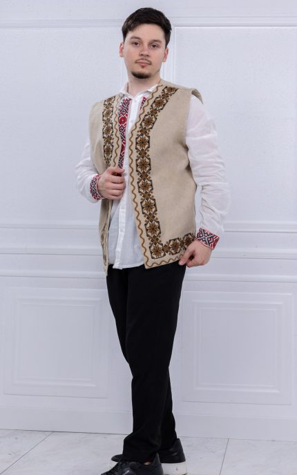 Vesta Arsenie Crem – vestă tradițională bărbătească cu broderie maro și neagră