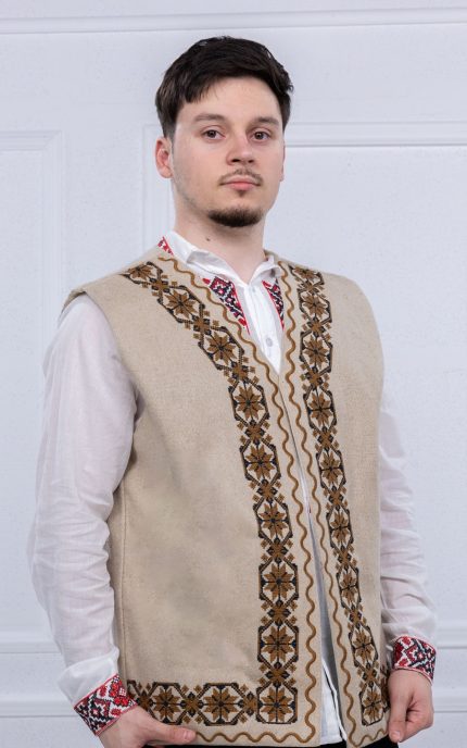 Vesta Arsenie Crem – vestă tradițională bărbătească cu broderie maro și neagră