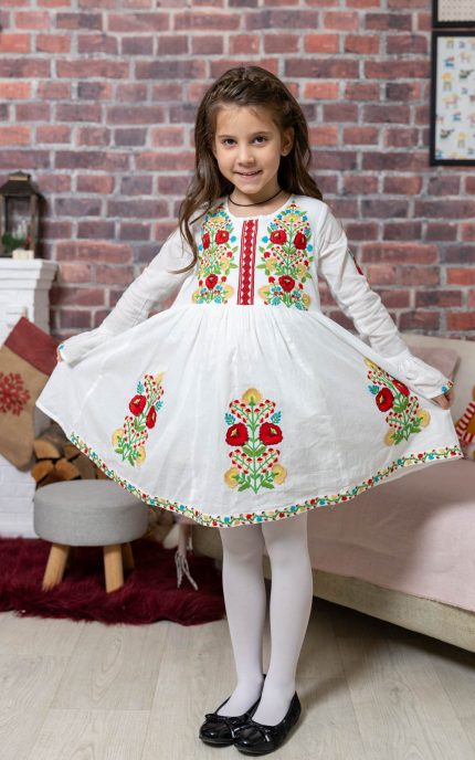 Rochita brodată colorat pentru fete, din bumbac, cu mâneci lungi și volane – vedere frontală