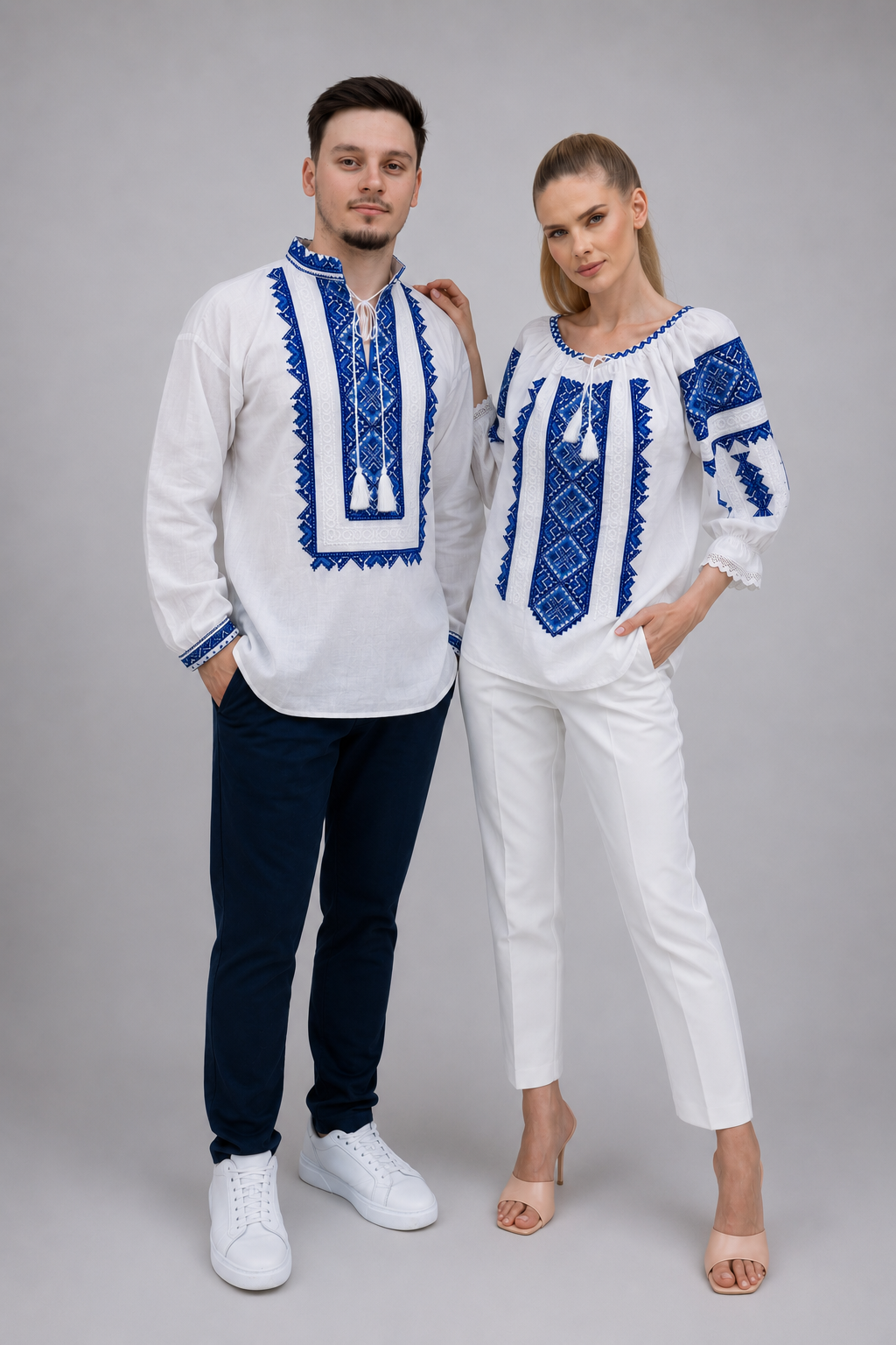 Daria si Darius broderie albastra 2 Set de cuplu Daria si Darius cu broderie albastra - imagine 1
